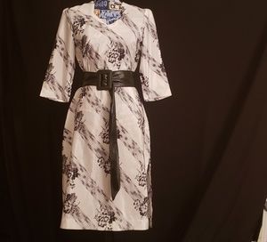 Black and white silk flower dress with belt